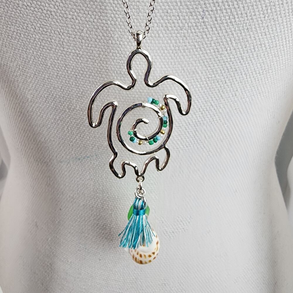 Sea Turtle Charm Pendant Necklace 15" Beachy Coastal Ocean Turtle Silhouette